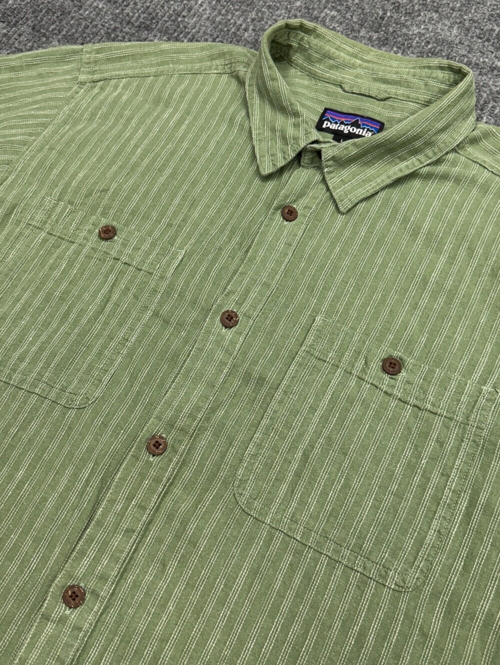Patagonia Hemp Organic Cotton Shirt Mens L Green Vertical Stitch Striped Pockets